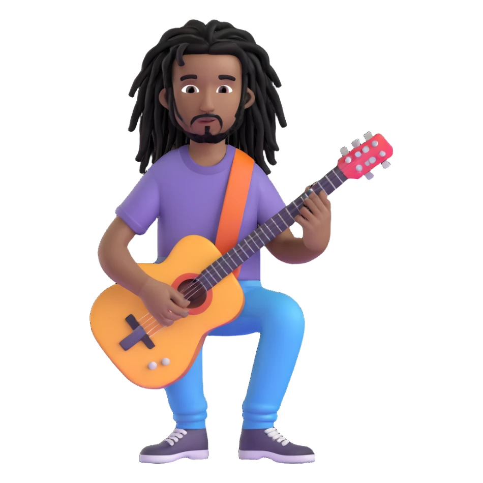 Steve Lacy with black dreads and guitar sticker