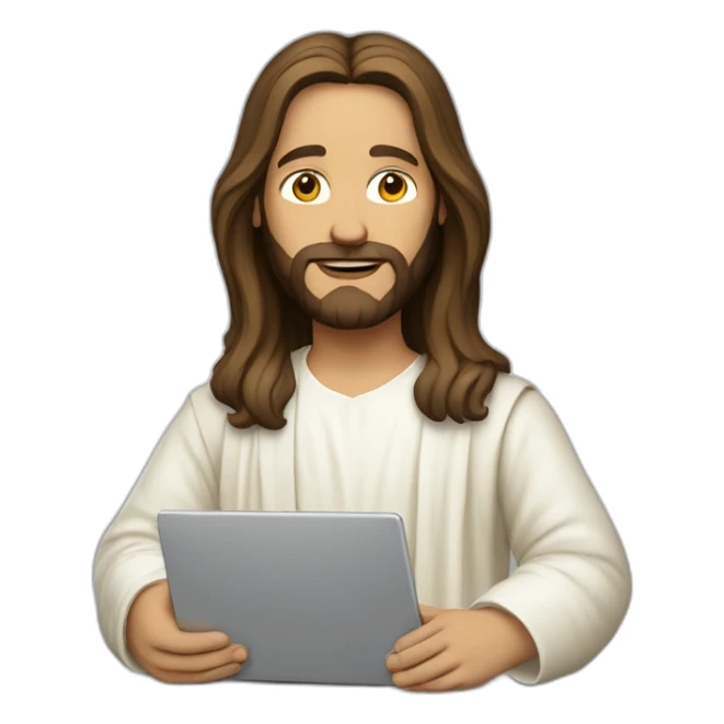 Jesus in modern clothes with a laptop sticker