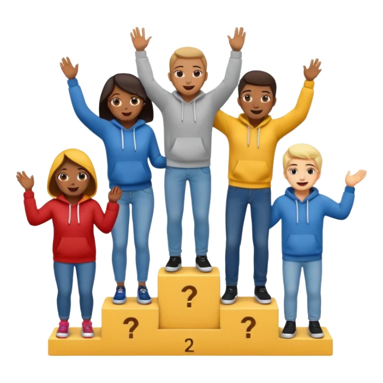 multi-racial people in jeans and hoodies on a winners’ podium, middle step higher, no numbers, very excited, fun, expressive emoji style sticker