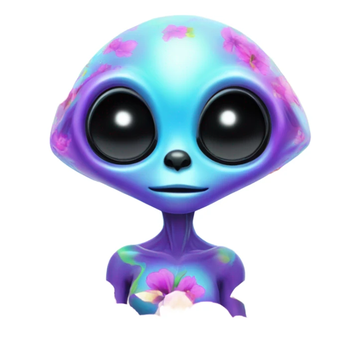 Lisa frank alien with big head and big black eyes with flowers sticker