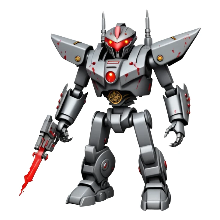 An all Grey metal evil mega zord tech bot with blood and glowing eyes in the style of your bleeding skull art, full body, rushed and worn from surviving the apocalypse, mostly Grey but splattered with blood, in a futuristic steam.punk cyber punk style sticker