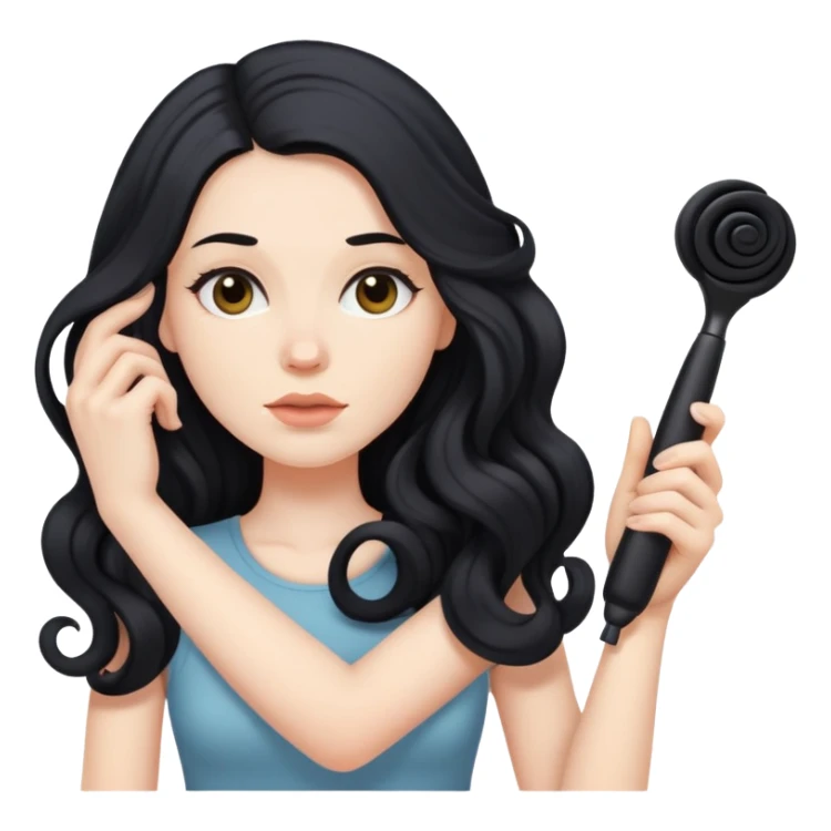 pale skinned woman with long black hair curling her hair, getting ready sticker