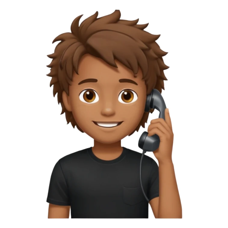 generate a pretty tan bratz boy with brown messy hair smiling while talking on call. Wearing a black tshirt sticker