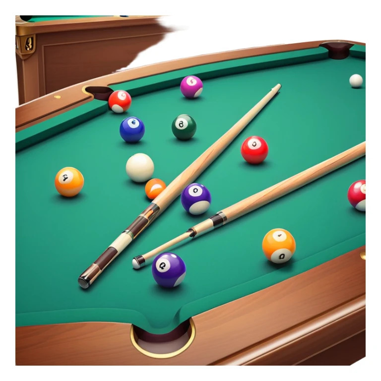 Two crossed pool cues resting on a billiard table, with colorful billiard balls scattered across the surface. The background features the felt of the table, creating an inviting atmosphere for a game of precision and strategy sticker