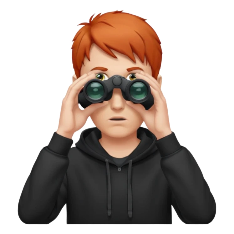 A red-haired, short-haired man without a beard, wearing a black hoodie, looks through binoculars sticker