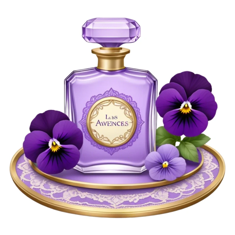 An ornate glass perfume bottle, filled with a delicate violet-hued elixir, rests on a lace-covered vanity tray, surrounded by pressed pansies in shades of lavender, plum, and amethyst, their petals softly curling with time. A worn leather-bound poetry book, its pages kissed with faded lilac ink, lies open beside it, exuding whispers of forgotten verses and fleeting romance sticker