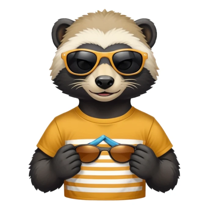 friendly anthropomorphised honey badger, close crop showing head, neck, and top of t-shirt with a graphic print, wearing sunglasses sticker