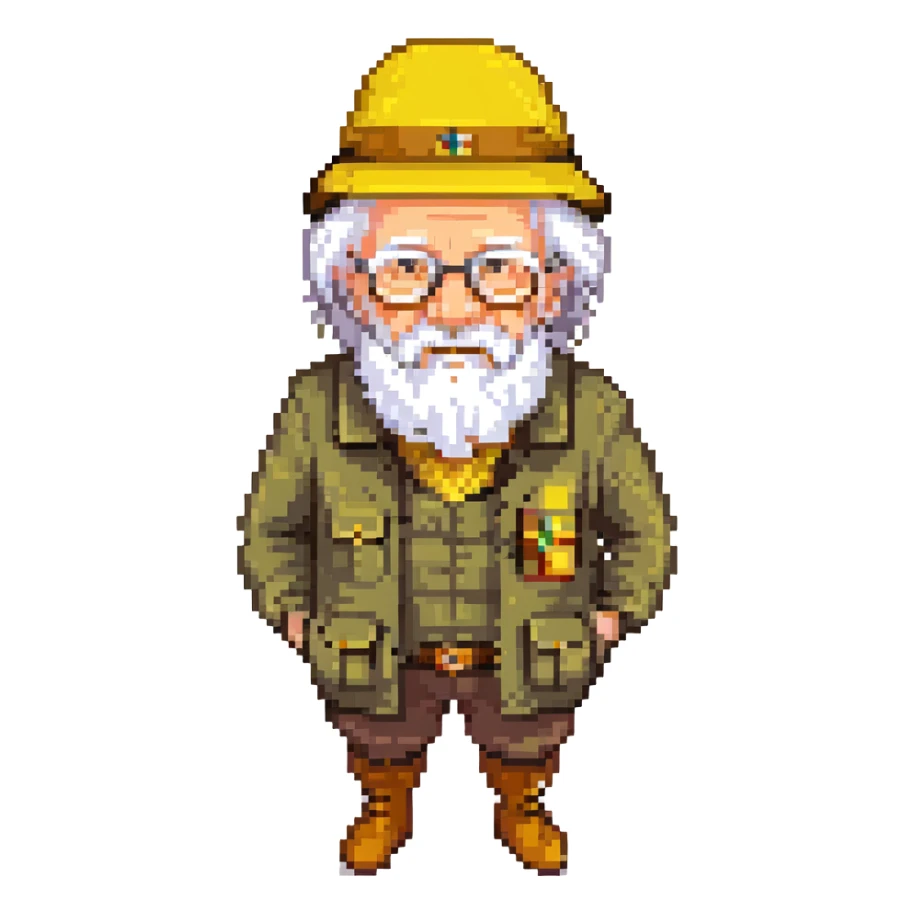 An elderly man with white hair and beard, wearing glasses and a yellow explorer hat sticker