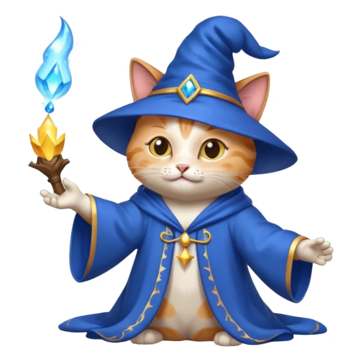 playful cat wizard casting a spell with sparkles and a blue robe sticker