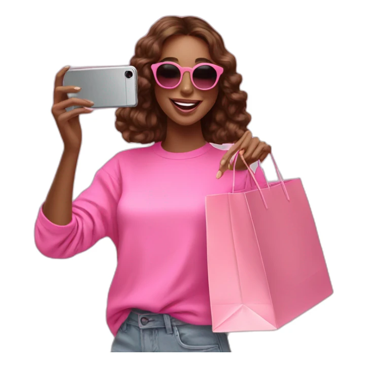 influencer taking selfie with a pink shopping bag sticker