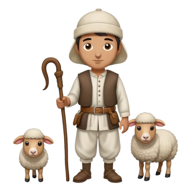 A Turkish shepherd wearing a white felt kepenek, loose shalwar pants, a cloth belt, and a wool cap, holding a wooden staff beside a sheep sticker