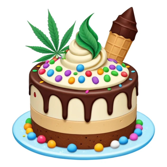 frozen ice cream cake dessert with cannabis leaf sticker
