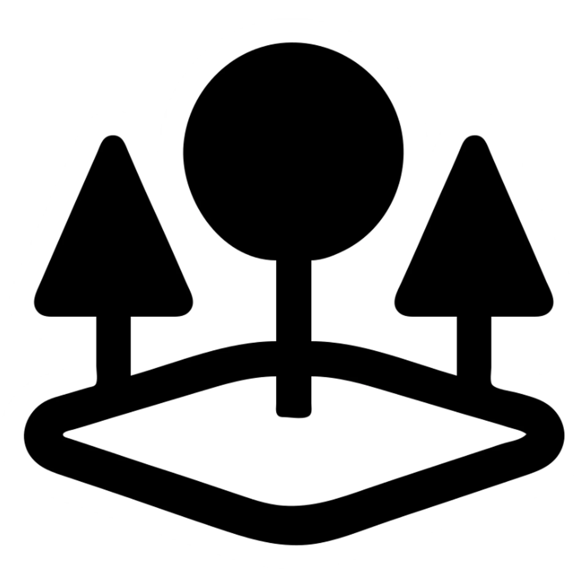 minimalist park icon with land and trees, slightly top view, no bench, solid black fill sticker