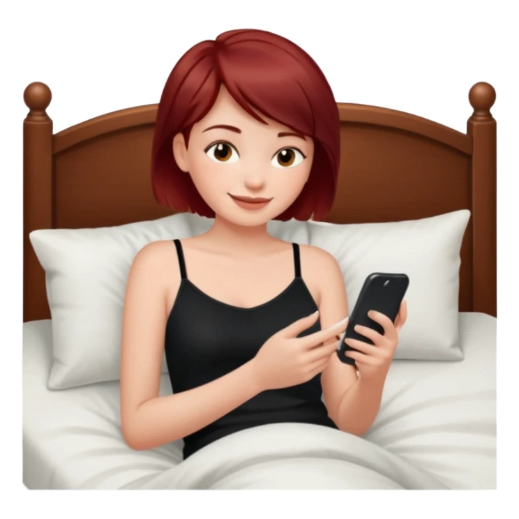 generate a pretty fair bratz girl with short dark red hair using her phone in bed, smiling . Wearing a black cami sticker