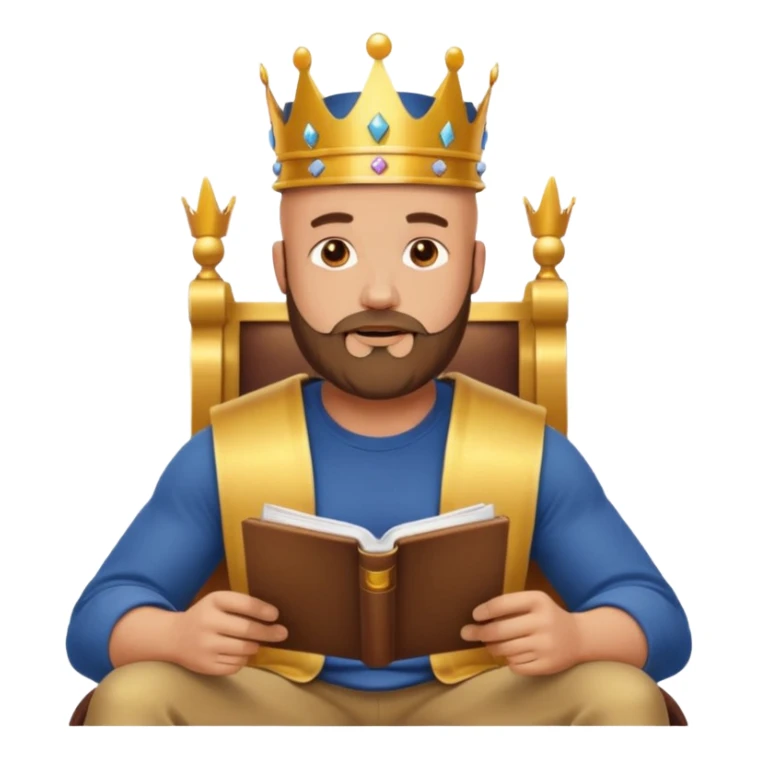 Buff bald bearded man wearing crown and cap, sitting on throne of documents, Instagram icon floating, golden glow, minimal emoji sticker