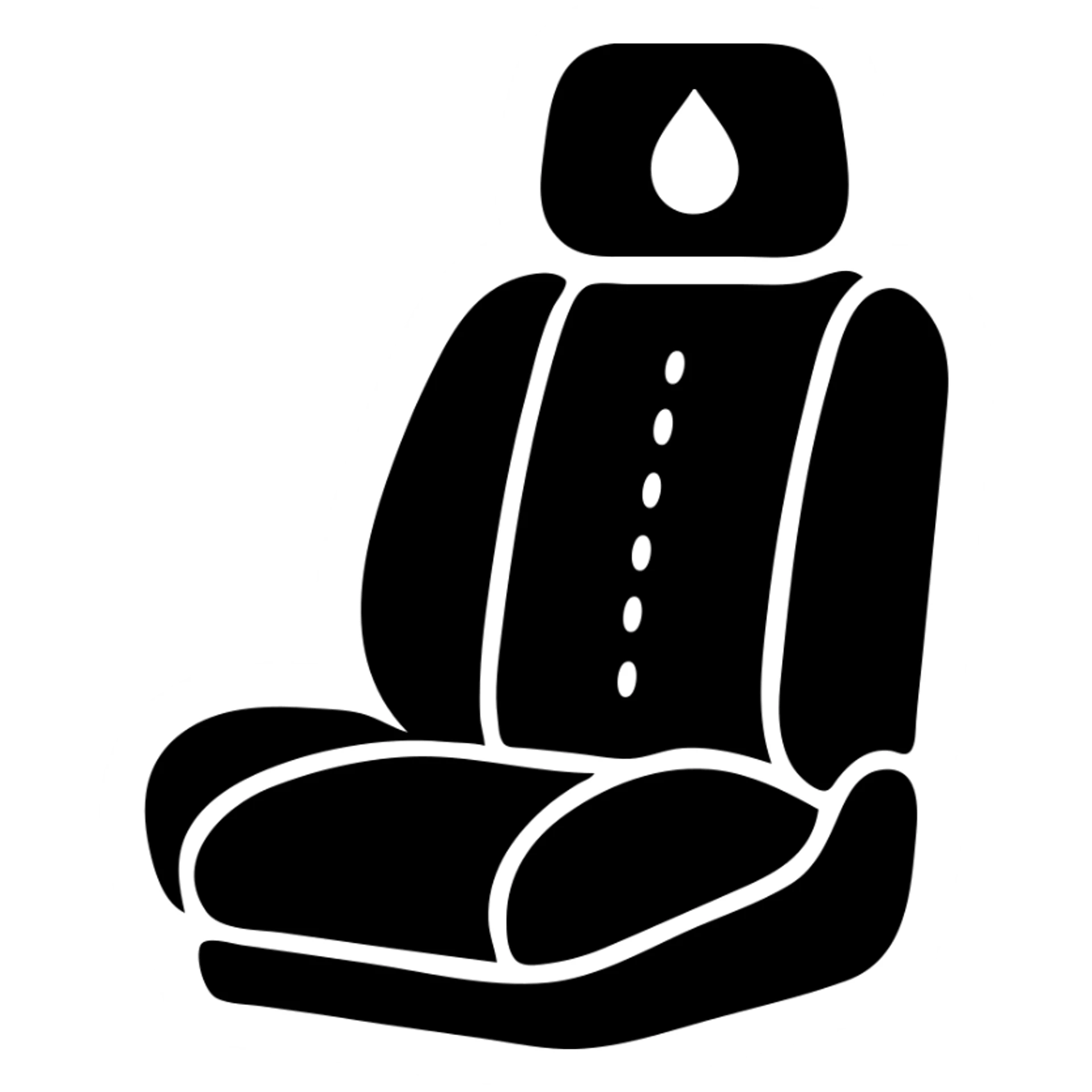 solid icon of a premium matte black car seat with a small droplet or shield on the headrest, subtle elegant stitching, minimal and elegant sticker