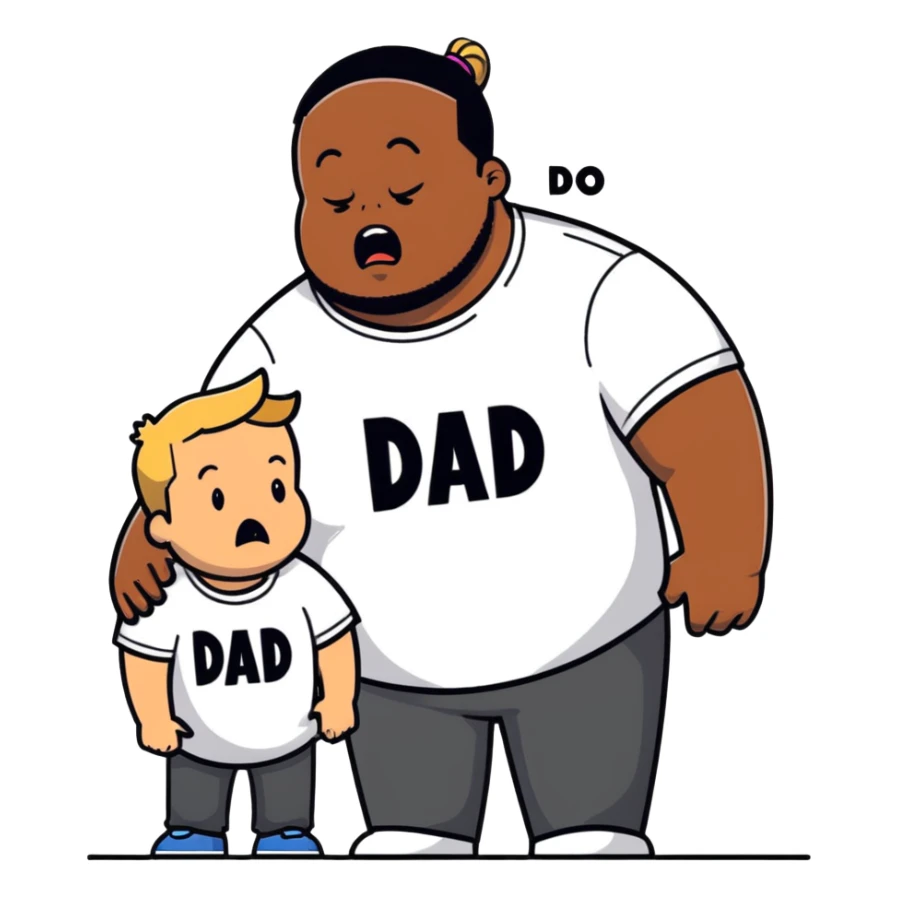 A fat short guy in a black hoodie with a ponytail is crying. Behind him are two black men, one wearing a white t-shirt with "MOM" text, the other wearing a white t-shirt with "DAD" text. sticker