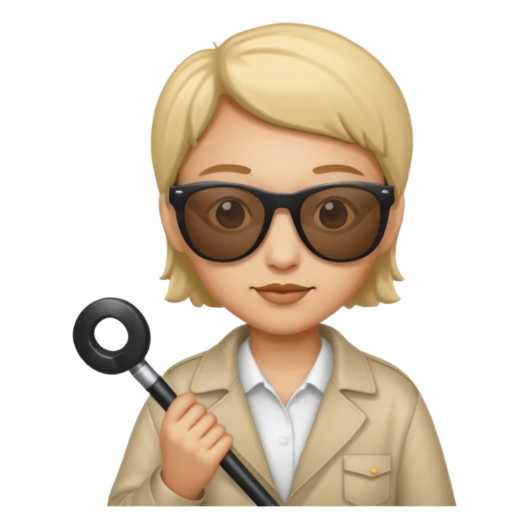 A blind person wearing sunglasses and holding a guide cane sticker