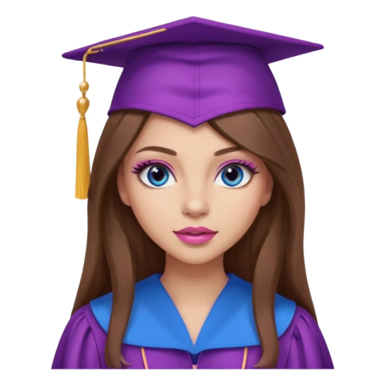 girl with gorgeous long brown hair, blue eyes, long lashes makeup, sexy pink lips, wearing a purple and pink graduation cap and gown sticker