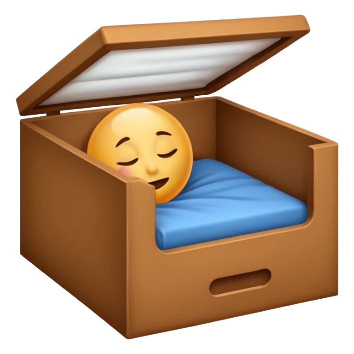 emoji of sleeping box, box is brown colored, open and empty, with a tiny Zzz bubble sticker