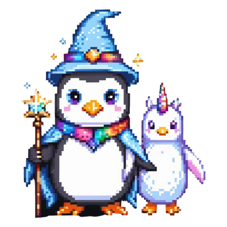 a penguin wizard with magical sparkles and a unicorn companion sticker
