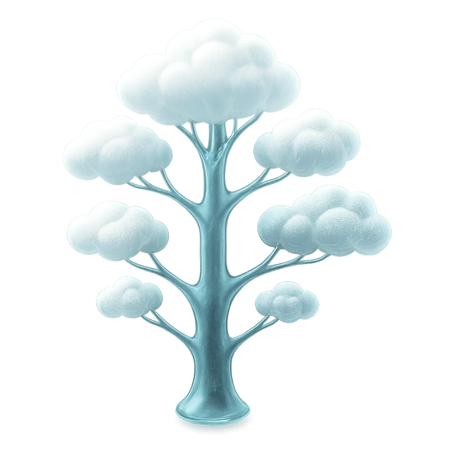 one tree with many branches and a white trunk, crown made of small very bright white fluffy convex clouds, matte glass style sticker