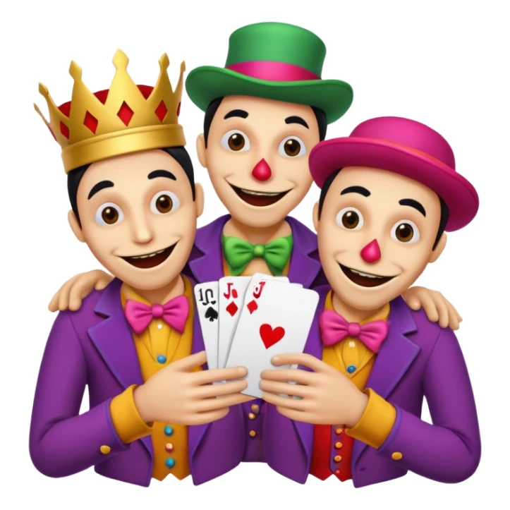 3 poker cards, with crazy colorful human jolly jokers inside, puppeteers sticker