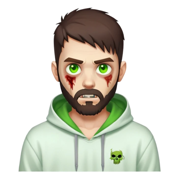 zombie making peace sign, undercut hairstyle with dark brown hair, short full beard, glowing green eyes, wearing plain white hoodie sticker