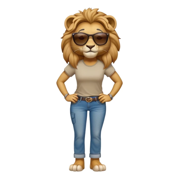 friendly anthropomorphised female lion character, full body, standing confidently with legs apart and hands on hips, wearing jeans, a t-shirt, and dark sunglasses, with a confident smile sticker