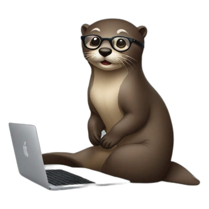 female otter with glasses back leaning against a pillow with a macbook sticker