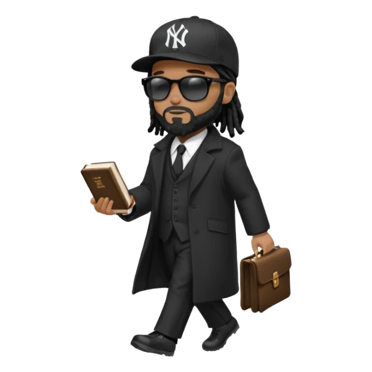 African American man with shoulder length black dreadlocks with black beard wearing black sunglasses wearing a black bubble winter coat wearing a black New York Yankees logo baseball cap wearing a suit and tie walking with a Bible in hand sticker