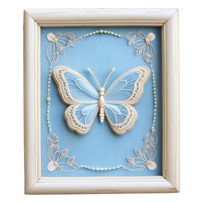 An antique ivory ribbon, embroidered with delicate silver filigree, twists gracefully over a weathered wooden table. A pale blue butterfly, its wings kissed with hints of opalescent shimmer, lands softly on the knotted bow. Around it, tiny pearl beads are scattered like dewdrops, catching the soft glow of candlelight. sticker