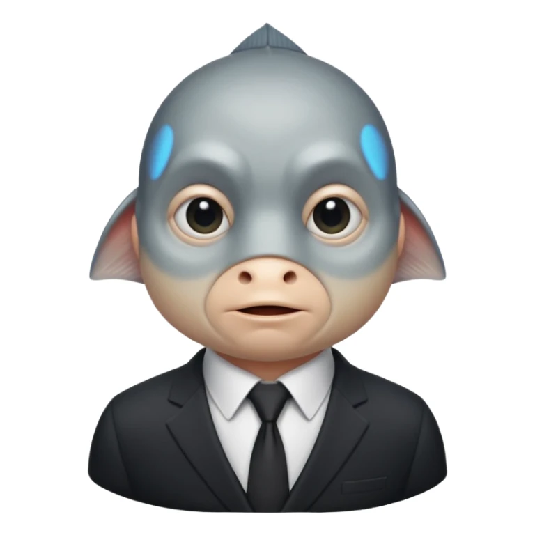 A fish man dressed in a black suit. Its face is grey fish. Just a fish. And The fish is facing upward. The fish’s neck connects smoothly with the collar of the suit. sticker