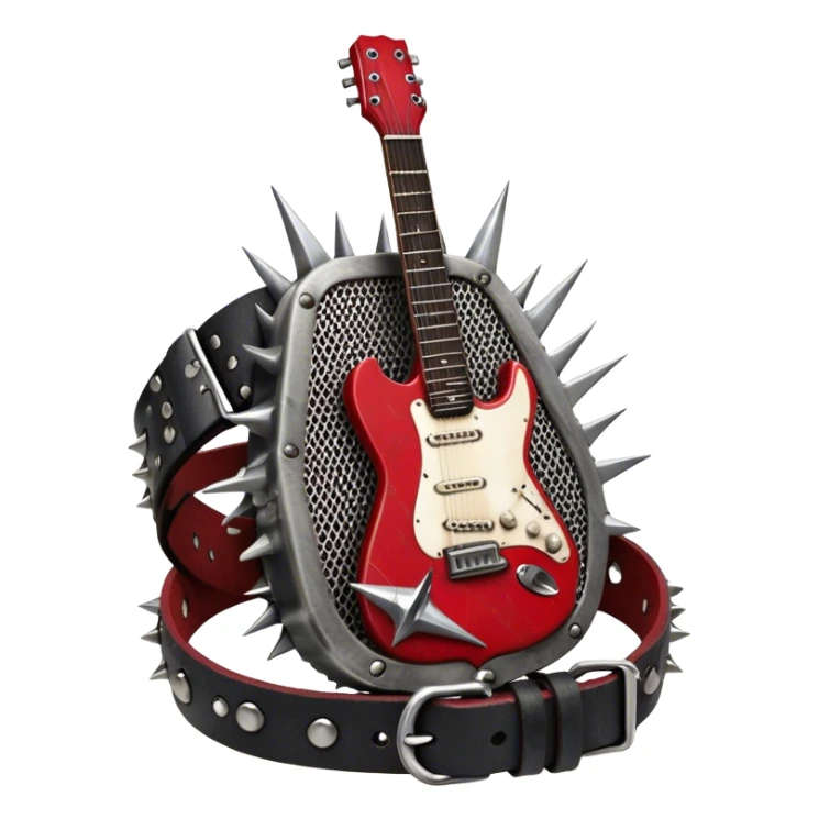 Create a powerful and dynamic humanless emoji representing rock vocals. The design should feature a classic vintage microphone with a rugged, distressed look, surrounded by elements like a guitar pick, electric guitar neck, and sound waves to reflect the raw energy of rock music. Add subtle details such as a spiked bracelet, leather textures, or bold lightning bolts to evoke the rebellious and intense spirit of rock. Use dark, edgy colors like black, red, silver, and metallic accents to emphasize the fierce, loud, and passionate nature of rock vocals. The background should be transparent. sticker