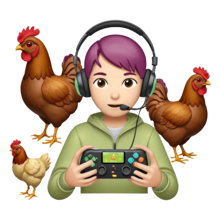 Pack emote, Sfondo trasparente e Dimensioni: (28x28, 56x56, 112x112) 
Stile Gamer: Il radicchio indossa cuffie da gaming e interagisce con controller o schermi, mentre i polli appaiono come icone di supporto o spettatori, colore font diverso in ogni emote sticker