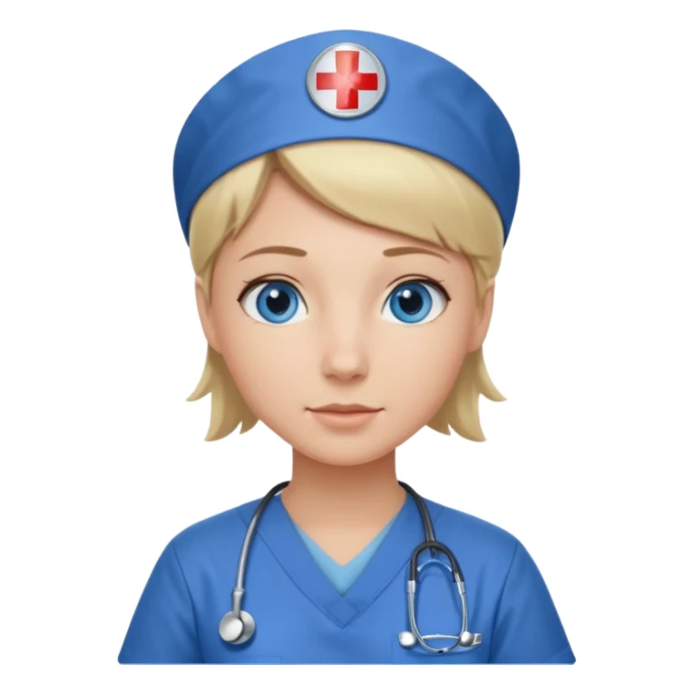 Nurse blue eyes short blond blue scrubs no hat sticker