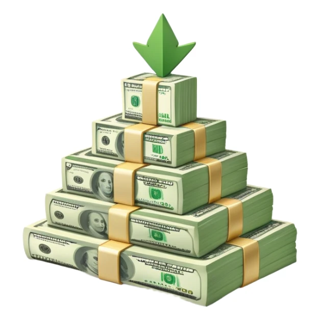 upward arrow next to gradually increasing stacks of dollar bill bundles, showing financial growth sticker