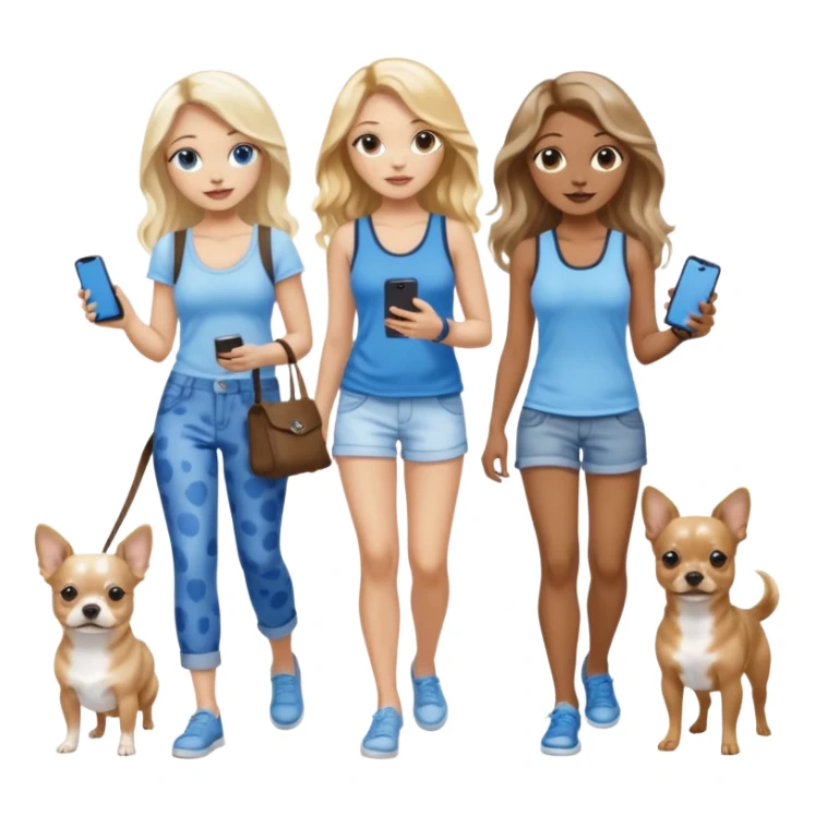 Three women in summer clothes holding iPhone, hazel eyed light skin with dark blonde long hair and light skin hazel eyed brown long wavy hair, blue eyed light skin long blonde hair walking 2 different dogs that are blue spotted Merle Frenchie, black and tan chihuahua  sticker
