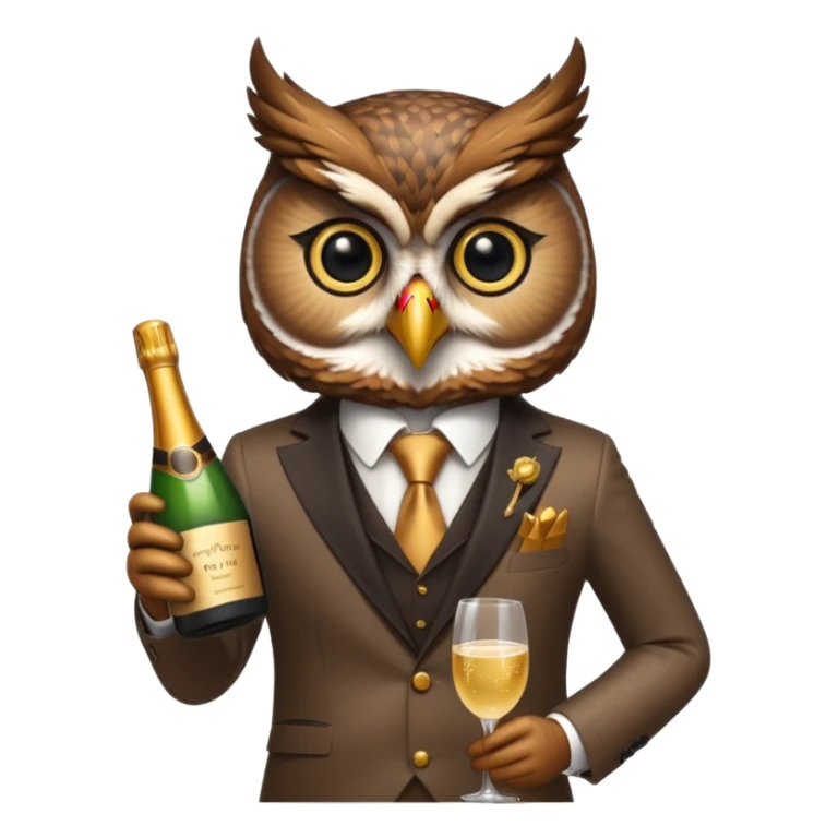 owl wearing suit, holding champagne bottle sticker