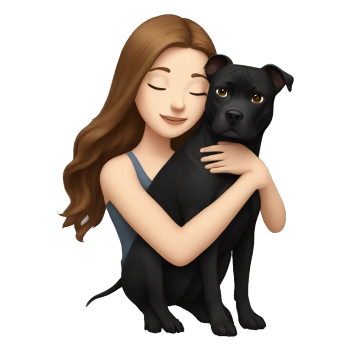 white girl with long brown hair hugging black pitbull sticker