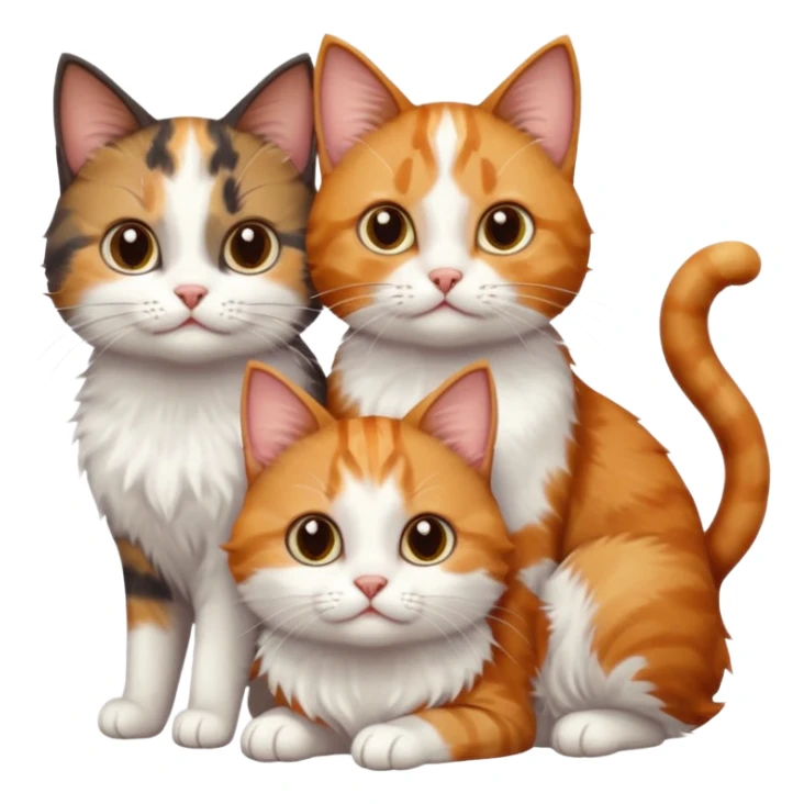 3 different coloured small cats including a dark brown tabby and white, and a patchy calico, and a ginger and white sticker