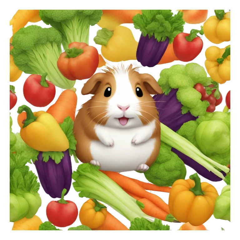 Guineapig playing on a huge pile of veggies and fruit sticker