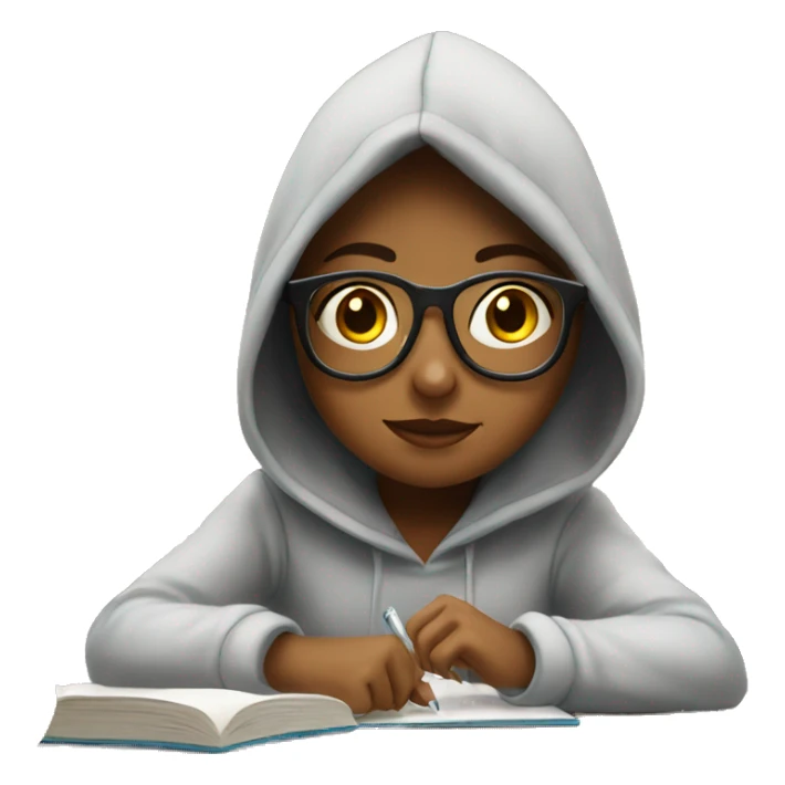 a girl in a hoodie and glasses sitting at kitchen table studying sticker