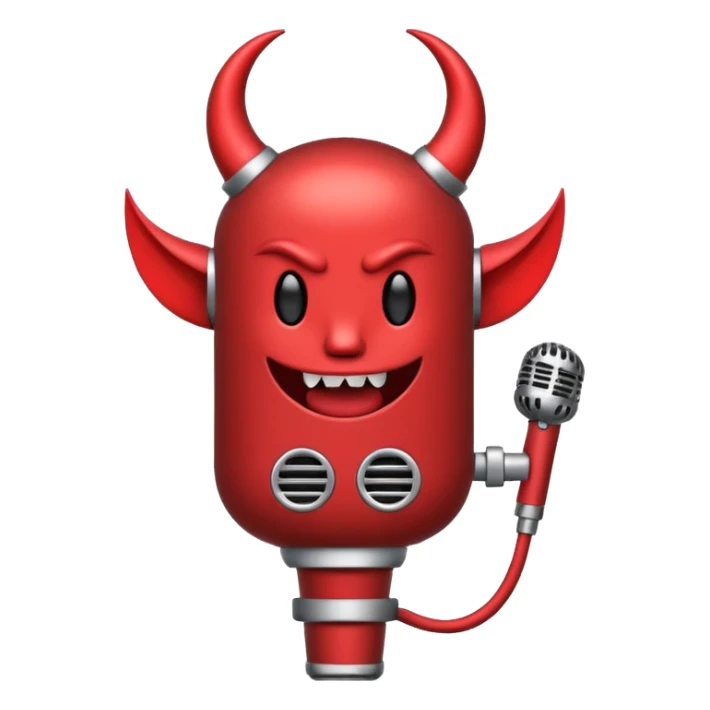 Minimalist emoji-style sticker of a classic retro microphone with small devil horns and a subtle tail wrapping the base. Grayscale with slight red accents.
 sticker