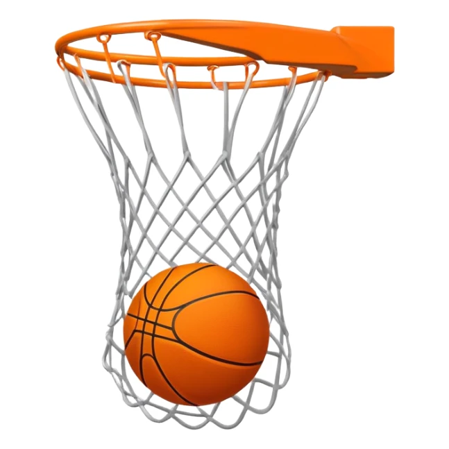 Basketball swishing through net, minimal design with just essential details, iOS emoji style sticker