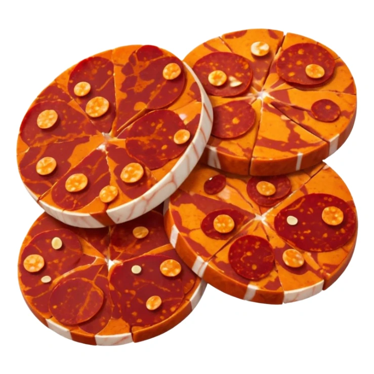 sliced chorizo, thin round slices, deep reddish-orange with white fat marbling and paprika speckles, natural edges, slight curls, dry rich texture, small overlapping cluster, clean 3D look, soft lighting sticker