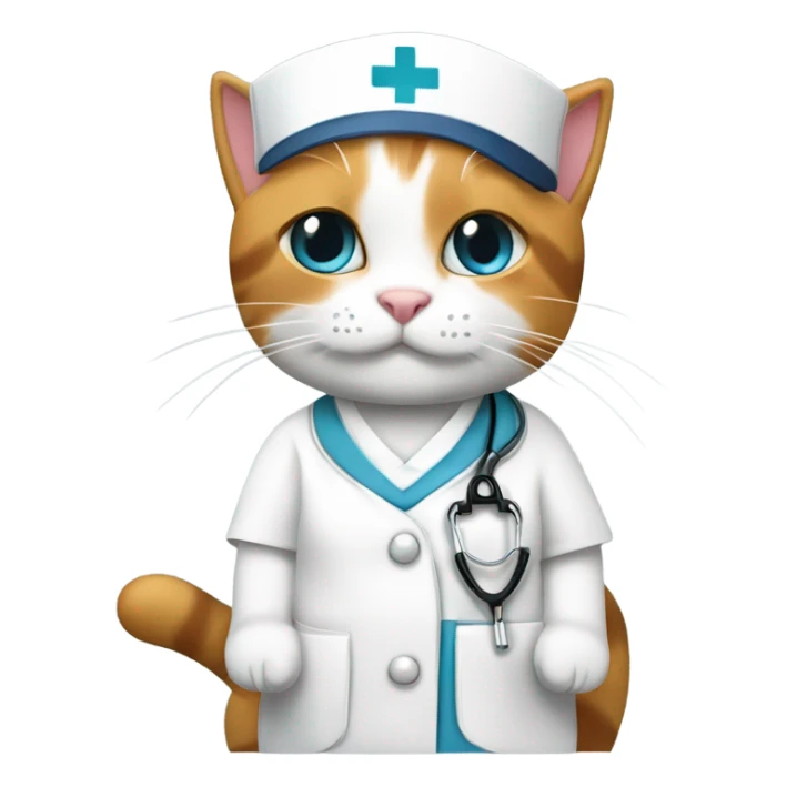 Calico cat wearing nurses uniform with￼ with nurse’s cap sticker