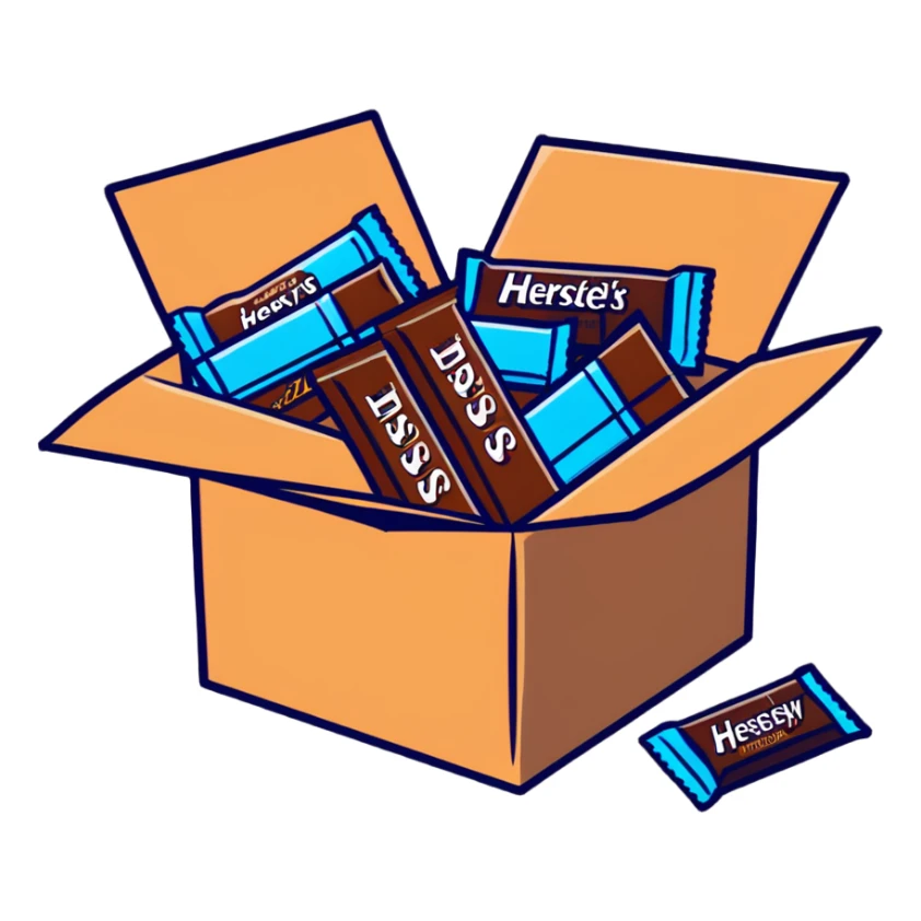 cardboard box full of wrapped Hershey's chocolate bars sticker