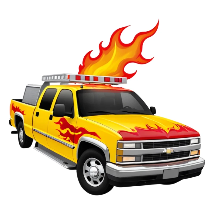 Yellow 1997 Chevrolet C-2500 Crew Cab with vibrant airbrushed red flame artwork flowing dramatically across hood and front, highly detailed fire pattern, Kill Bill movie vehicle, 30-degree view, iOS emoji style sticker
