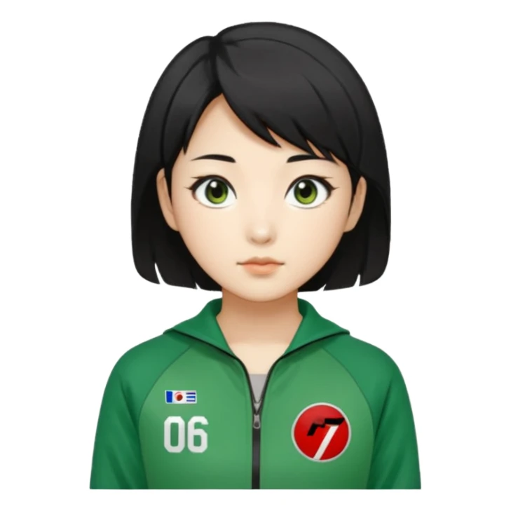 Create Kang Sae-byeok (Player 067), Korean female, short layered black hair, sharp eyes, green tracksuit with number 067 patch on chest. sticker